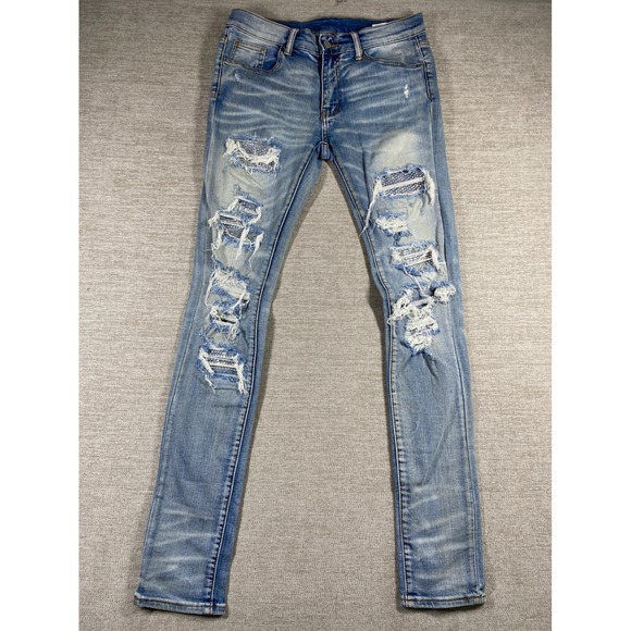 MNML Other - MNML M14 Stretch Denim Jeans Men 31 Light Blue Distressed Rhinestone Backing